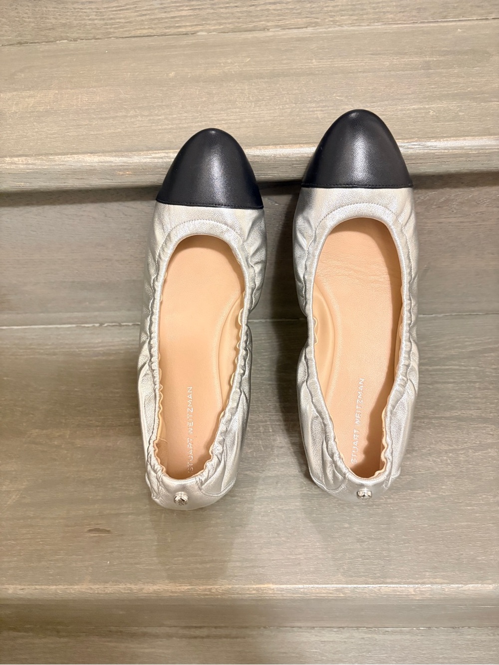 Stuart Weitzman Silver Ballet Flats with Black Cap Toe-size 7